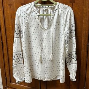 White patterned Lucky Brand long-sleeve blouse, size small